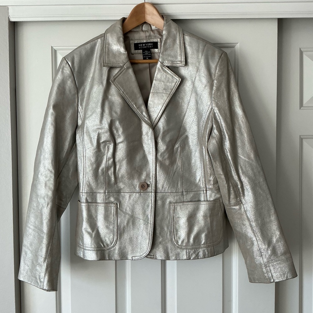 New York & Company Silver Metallic Leather Blazer Jacket 18